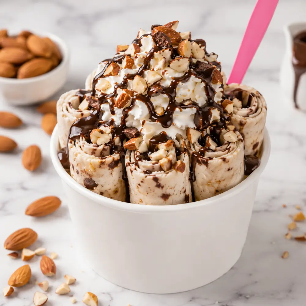 Almond Express rolled ice cream with almonds and chocolate