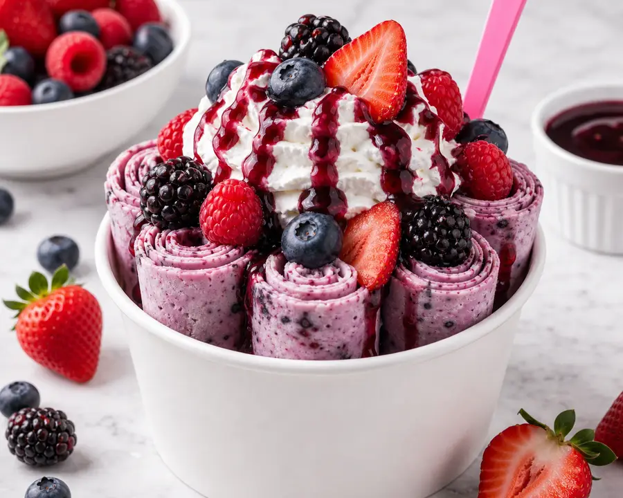 Very Berry rolled ice cream with mixed berries and berry sauce