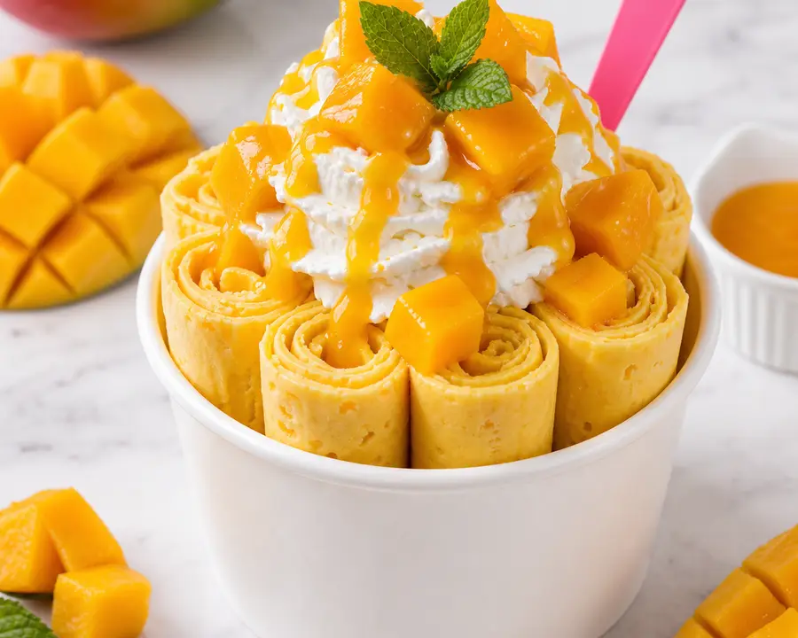 Mango Tango rolled ice cream with mango chunks and mango drizzle