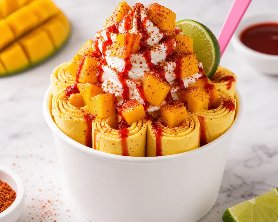 The Mangonada rolled ice cream with mango, chamoy, Tajin, and lime