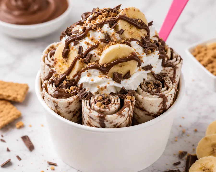 Naughty Nutella rolled ice cream with banana, graham cracker, and chocolate hazelnut drizzle