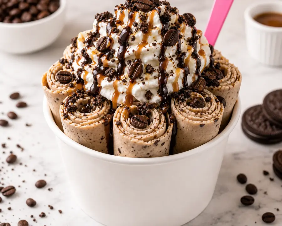 Coffee Corner rolled ice cream with coffee, chocolate drizzle, and coffee beans