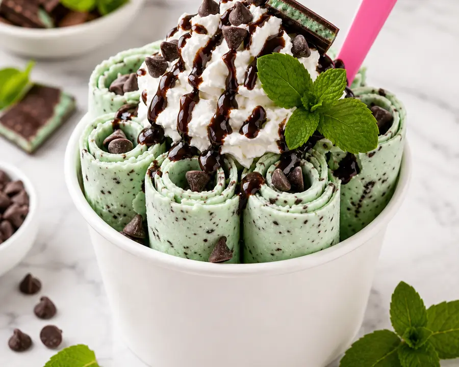 Mint Blast rolled ice cream with mint, chocolate chips, and chocolate drizzle