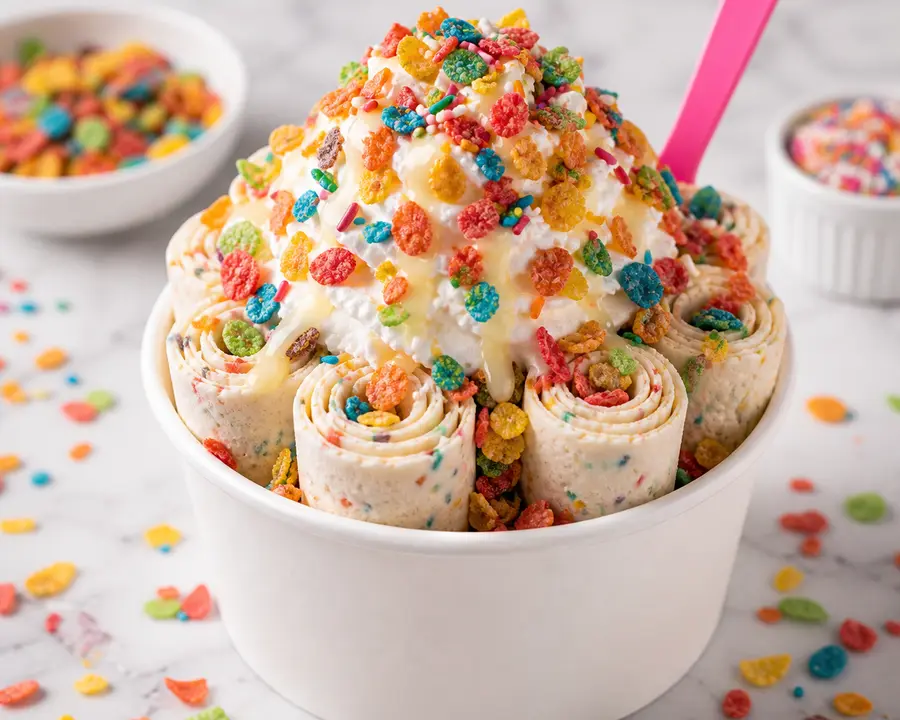 Cereal Crunch rolled ice cream with colorful cereal and sprinkles