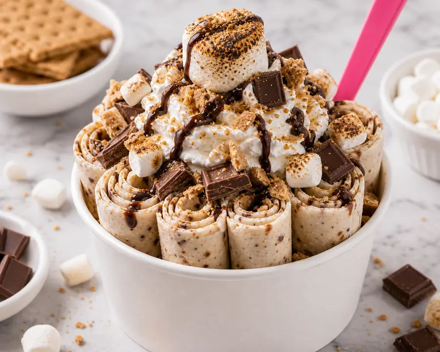 S'mores rolled ice cream with graham cracker, chocolate, and toasted marshmallow
