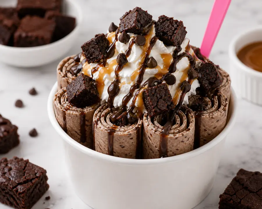 Brownie Bliss rolled ice cream with brownie pieces, chocolate drizzle, and caramel drizzle