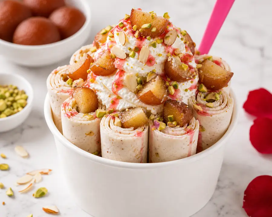 Go Gulab Jamun rolled ice cream with gulab jamun, rose syrup, pistachios, and almond slivers
