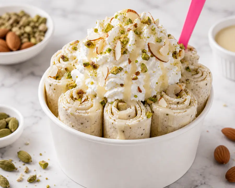 Cardi Mom cardamom-inspired rolled ice cream with pistachio, almond, and condensed milk