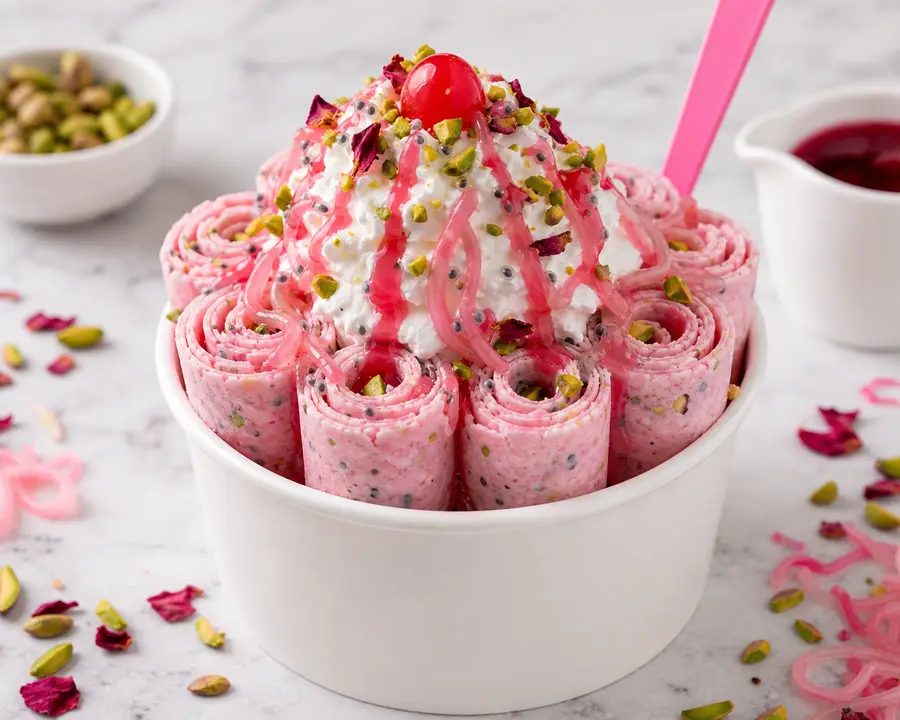Falooda Fantasy rolled ice cream with rose syrup, pistachios, and falooda-inspired toppings