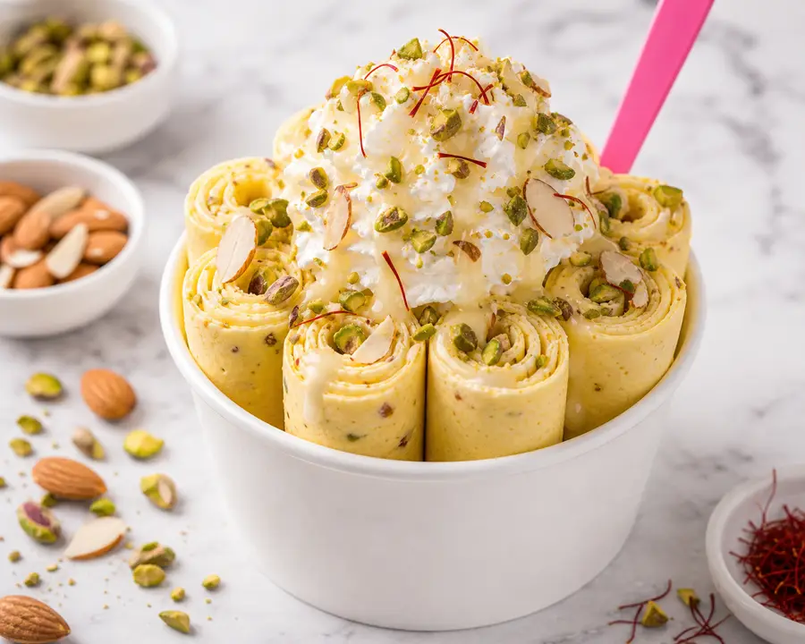 Kesar Pistachio rolled ice cream with saffron, pistachios, almond slivers, and condensed milk