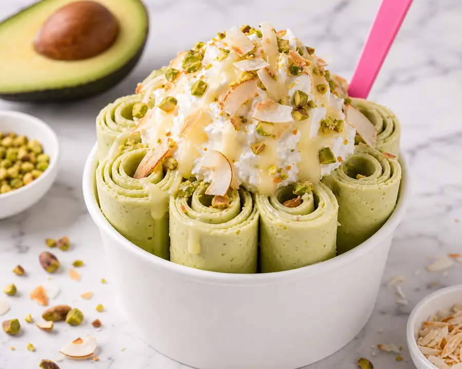 Cado Avocado rolled ice cream with avocado-green cream, coconut, pistachios, and condensed milk