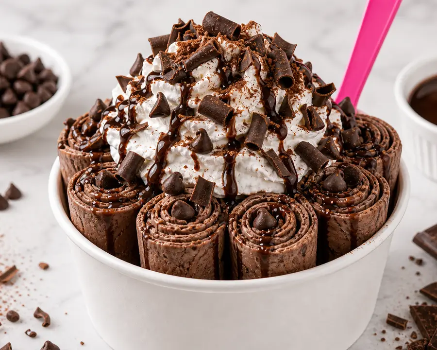 Choco Chocolate rolled ice cream with chocolate drizzle, chocolate chips, and chocolate curls