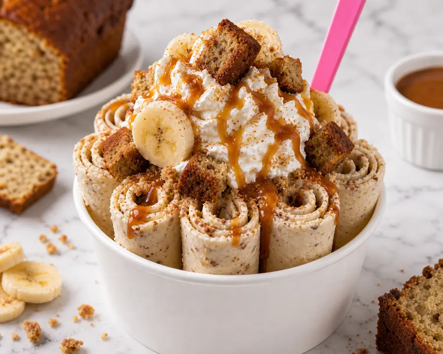 Banana Bread rolled ice cream with banana slices, banana bread crumbs, cinnamon, and caramel