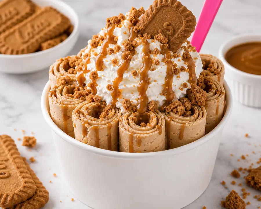 Biscutti Biscoff rolled ice cream with Biscoff cookie pieces and cookie butter drizzle