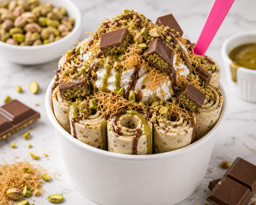 Dubai Chocolate rolled ice cream with kataifi, pistachio drizzle, chocolate drizzle, and chopped pistachios