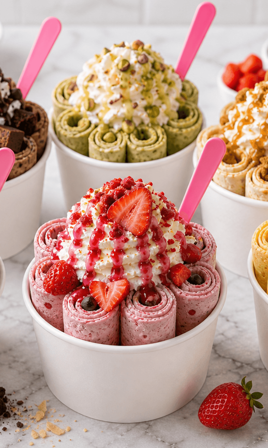 Colorful handrolled ice cream cups from Rock N Roll Handrolled Premium Ice Cream in Lodi