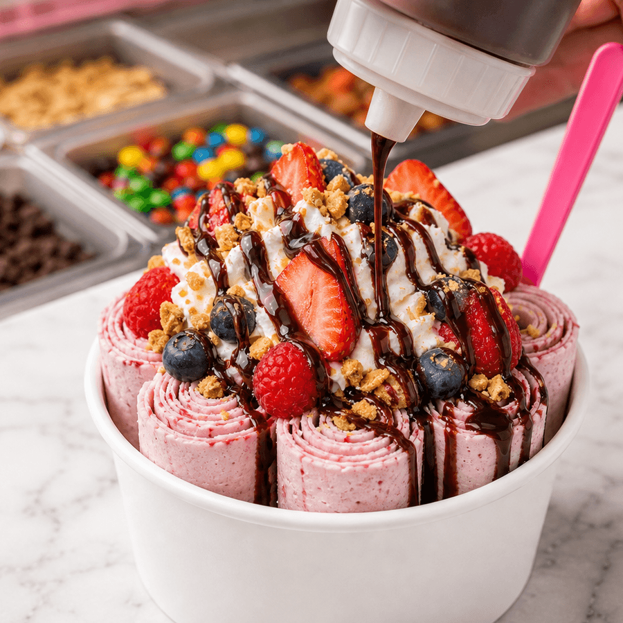 Chocolate drizzle being added to fresh rolled ice cream