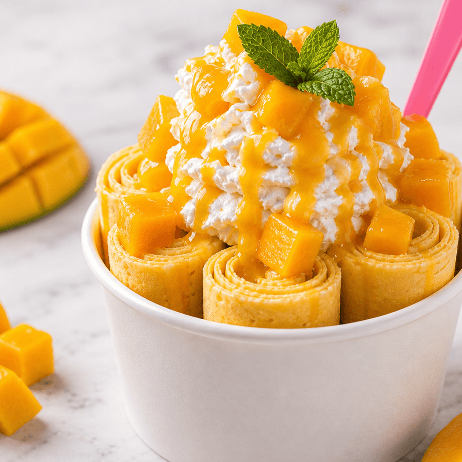 Mango Tango rolled ice cream with mango and toppings