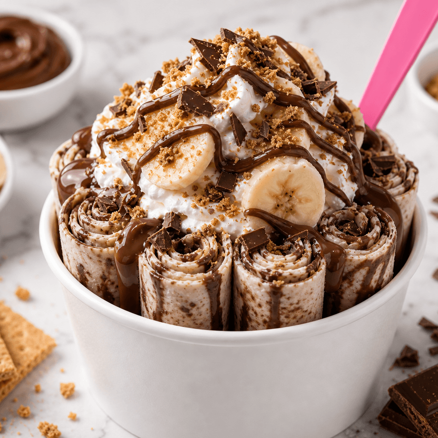 Naughty Nutella rolled ice cream with banana, graham cracker, and Nutella drizzle