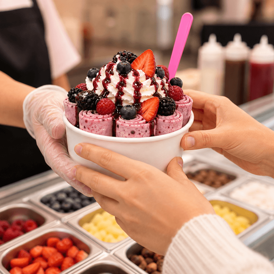Fresh rolled ice cream cup being handed to a customer