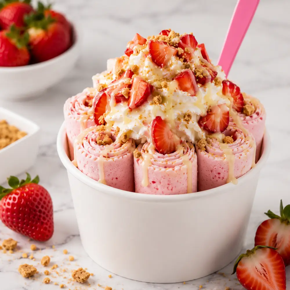Stylish Strawberry rolled ice cream with strawberry, graham cracker, and condensed milk