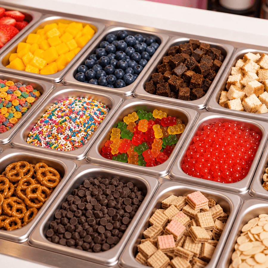 Toppings for rolled ice cream including fruit, candy, boba, cookies, and sprinkles