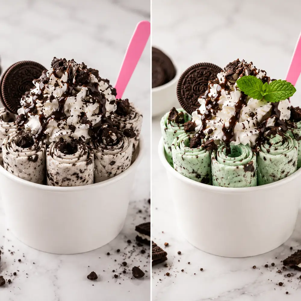 Yo! Oreo rolled ice cream with Oreo pieces and drizzle